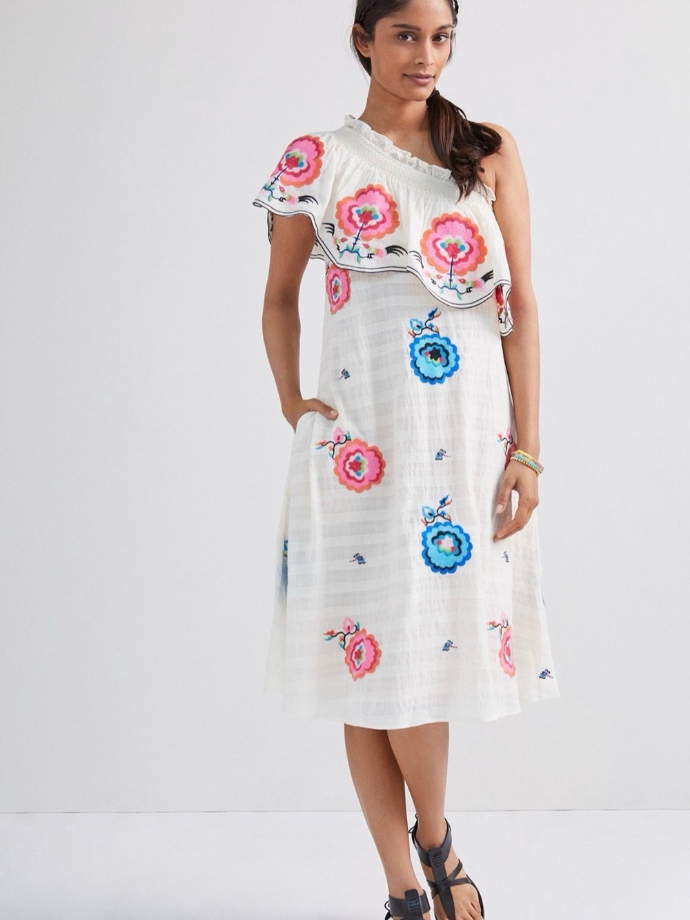 Anthropologie White One-Shoulder Floral Midi Dress with Pink & Blue Embroidery